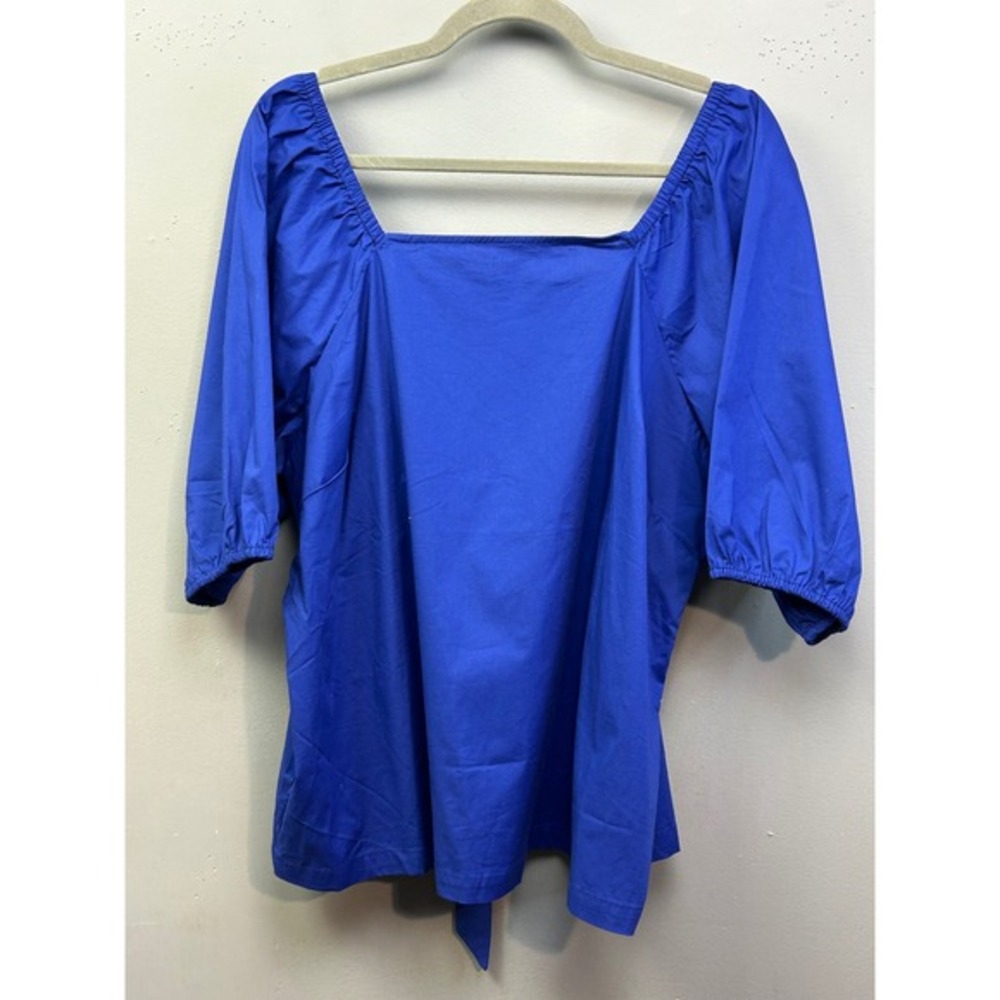 Candace Cameron Bure Blouse Women 1X Blue Square‎ Neck Puff Sleeve Tie Back